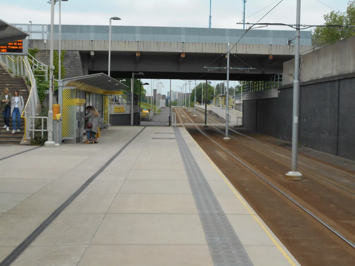 The Etihad Campus Metrolink tram stop, the closest stop for how to get to the Etihad Stadium in Manchester