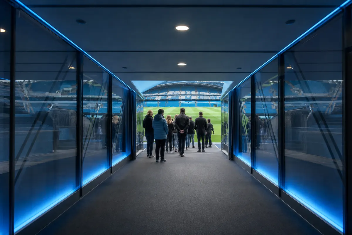 Visitors walking through a blue-lit glass players tunnel toward the pitch during a football stadium tour