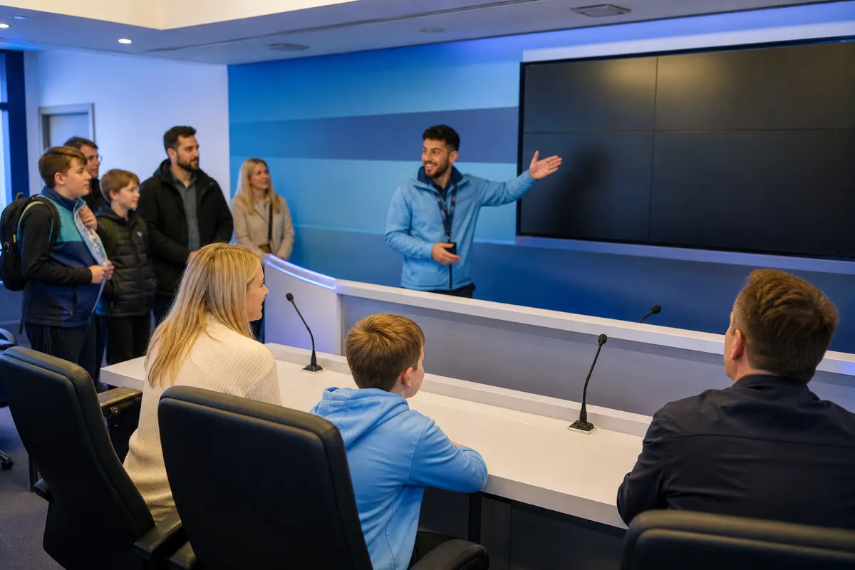 Family and guide inside a modern football stadium press room during an interactive stadium visit