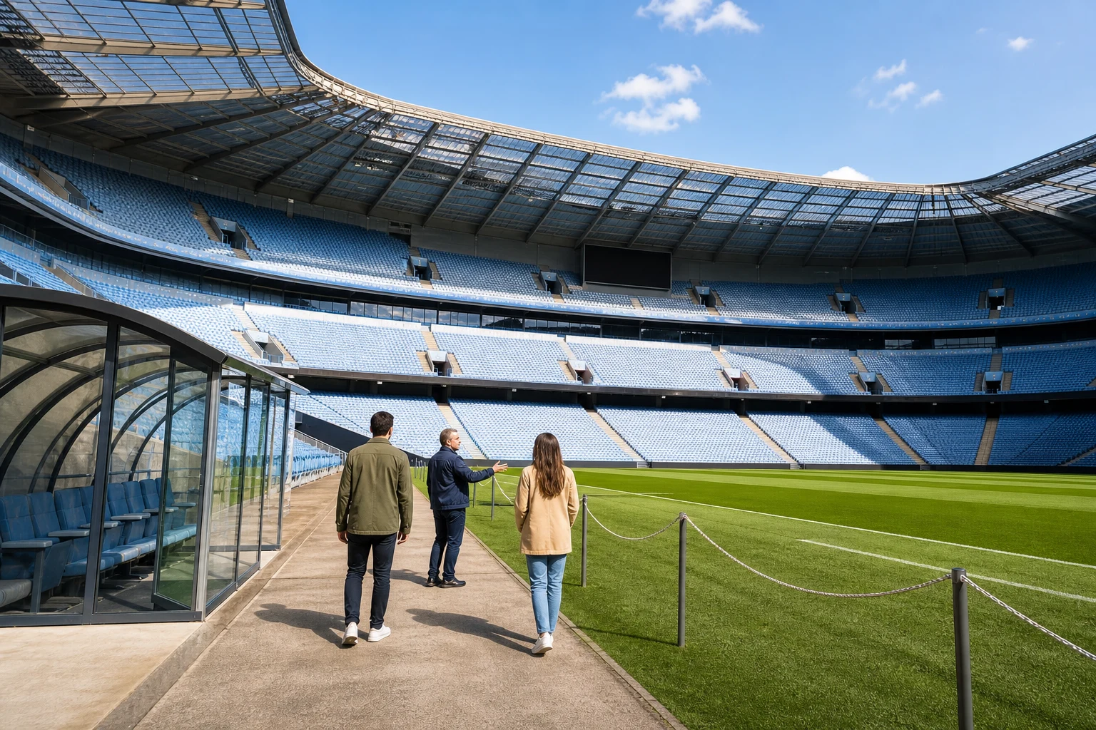 Editorial view of visitors following a guide beside the pitch inside a modern pale-blue football stadium